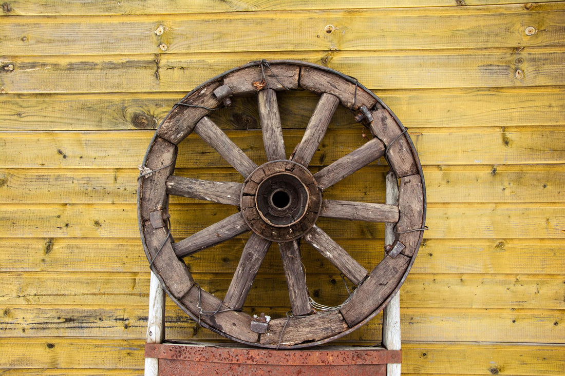 Rustic Wooden Wagon Wheel, Antique Farmhouse Decor, Vintage Cart Artifact