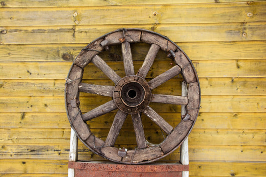 Rustic Wooden Wagon Wheel, Antique Farmhouse Decor, Vintage Cart Artifact