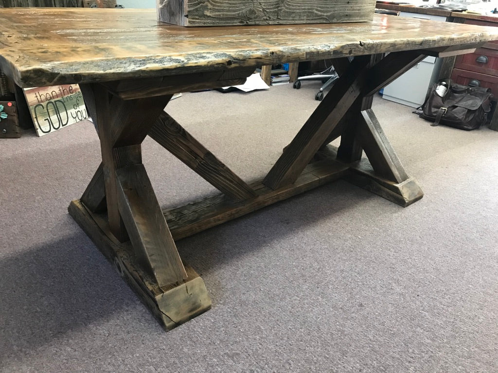 Reclaimed barnwood farmhouse trestle dining table