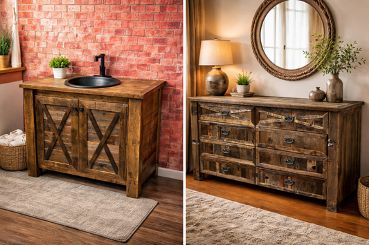 Handcrafted barnwood furniture including rustic trim dresser and reclaimed wood vanity made in Colorado