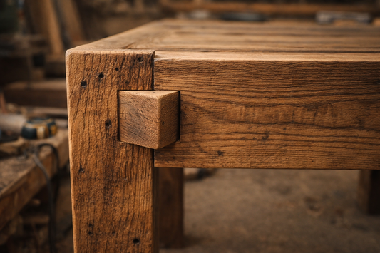 Handcrafted reclaimed barnwood furniture joinery detail showing thick solid wood construction