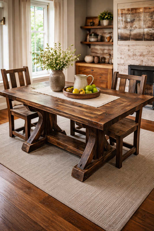 Handcrafted reclaimed barnwood trestle dining table installed in a warm rustic dining room, showcasing heirloom-quality craftsmanship.
