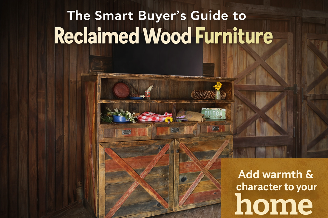 Reclaimed barnwood TV console entertainment center with sliding storage cabinets and rustic wood shelving