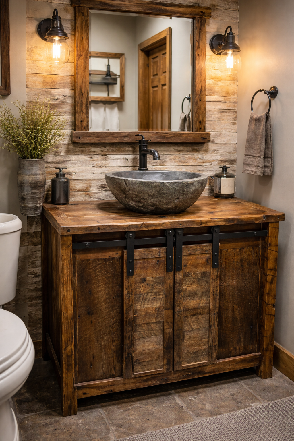 Handcrafted reclaimed barnwood bathroom vanity with stone vessel sink, showcasing heirloom-quality rustic craftsmanship.