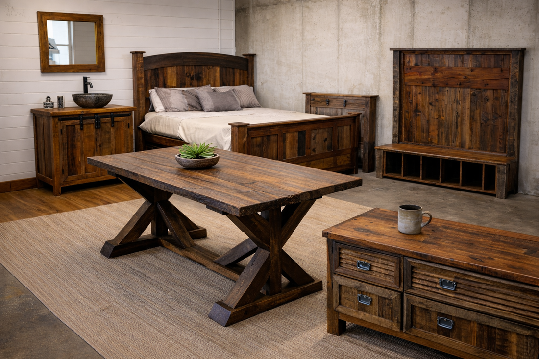 Reclaimed wood furniture including a barnwood dining table, bed frame, vanity, and hall tree displayed in a rustic showroom