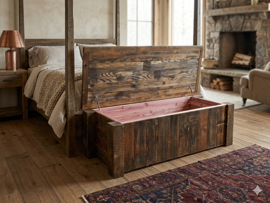 rustic barnwood bed chest in front of reclaimed wood bed. 