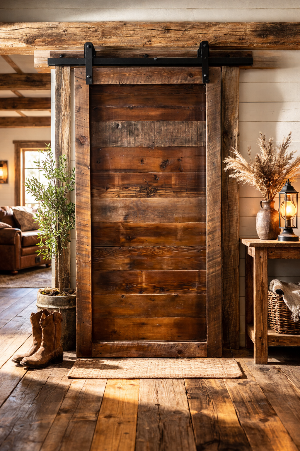 Handcrafted barnwood door made from reclaimed wood installed in a rustic farmhouse interior