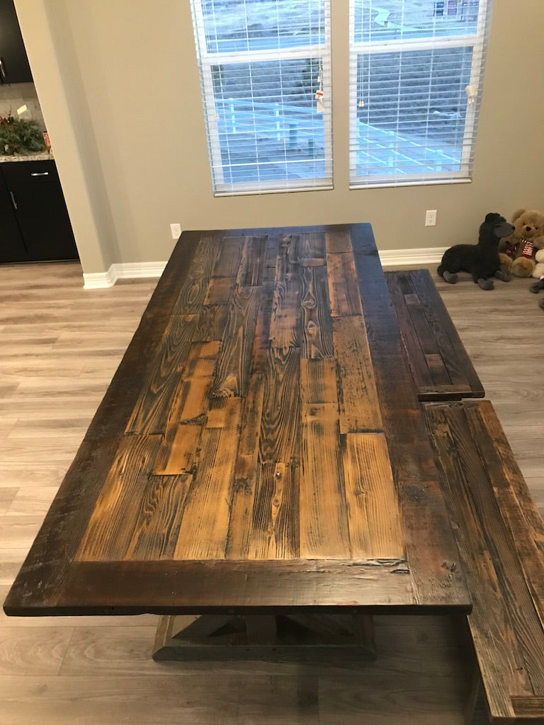 Trestle Base Tables With Rustic Barnwood | Reclaimed wood Tables Any Shape or Design